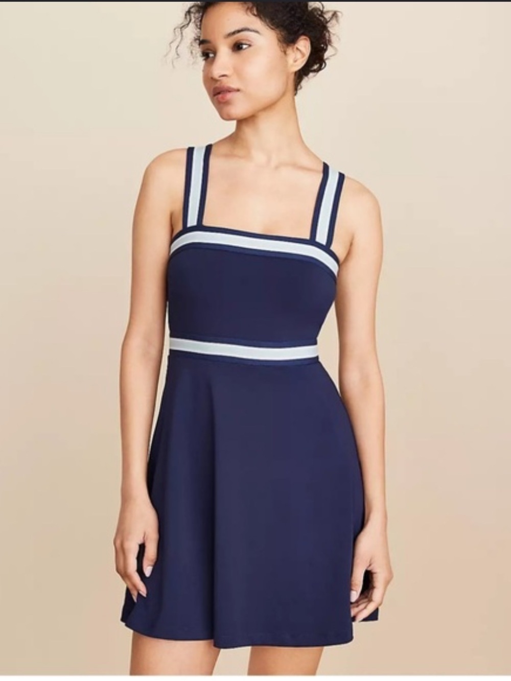 Lou & Grey Navy Dress with Mint and White Stripe Trim